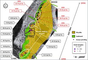 Location of Reported Grab Samples at the OTG and Associated First Priority Drilling Targets