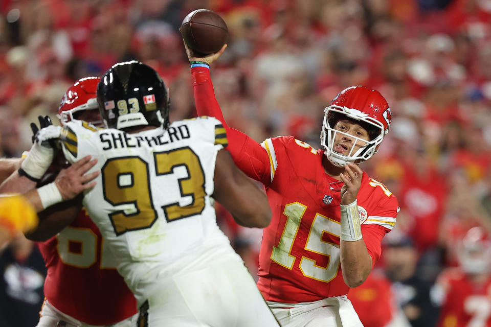 Patrick Mahomes of the Kansas City Chiefs had more than 300 yards in a win over the Saints. (Photo by David Eulitt/Getty Images)