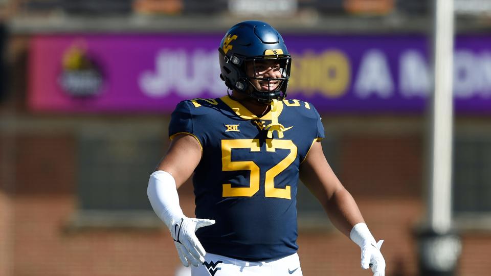 West Virginia's Jalen Thornton in the first half of an NCAA college football game, Saturday, Sept. 4, 2021 in College Park, Md.