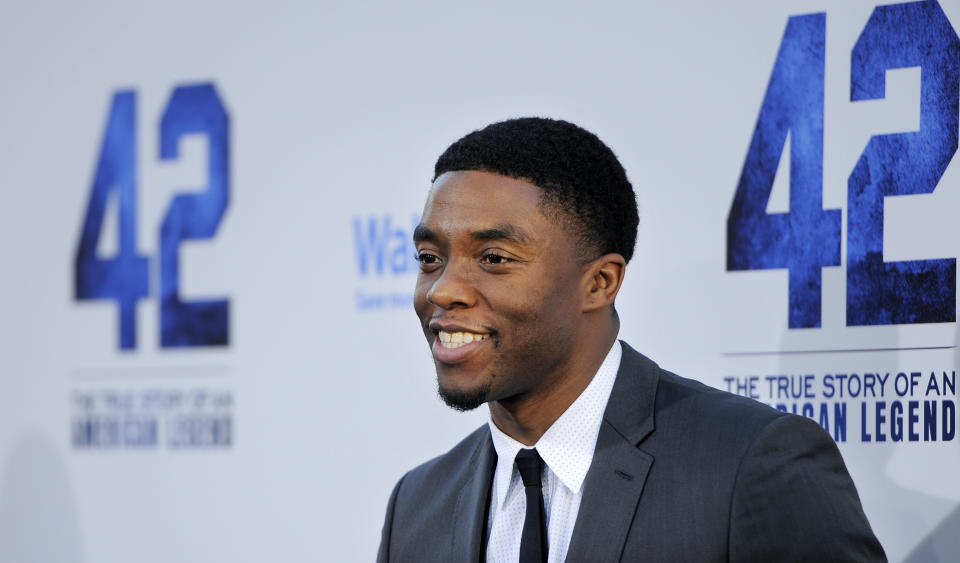 Chadwick Boseman, who plays baseball legend Jackie Robinson in "42," poses at the Los Angeles premiere of the film at the TCL Chinese Theater on Tuesday, April 9, 2013 in Los Angeles. (Photo by Chris Pizzello/Invision/AP)