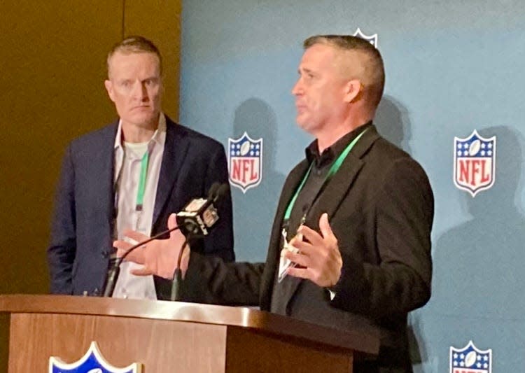 Cowboys special teams coordinator John Fassel, left, and Saints special teams coordinator Darren Rizzi talk about the new NFL kickoff rule passed on Tuesday.