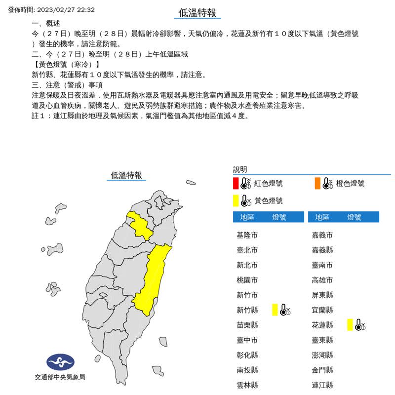 氣象局發布低溫特報。（圖／翻攝自中央氣象局）