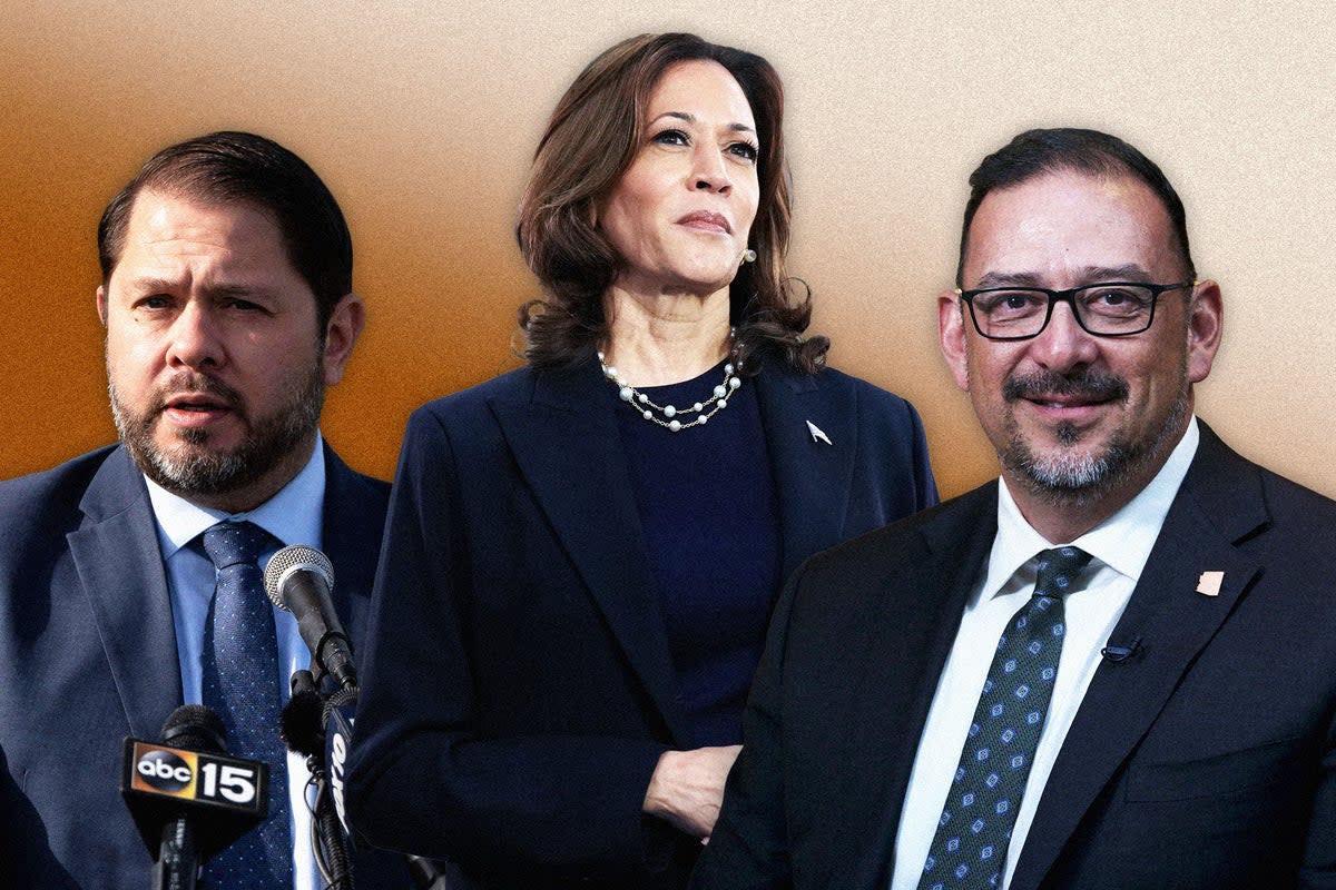 From left: Ruben Gallego, Kamala Harris and Adrian Fontes  (Getty)