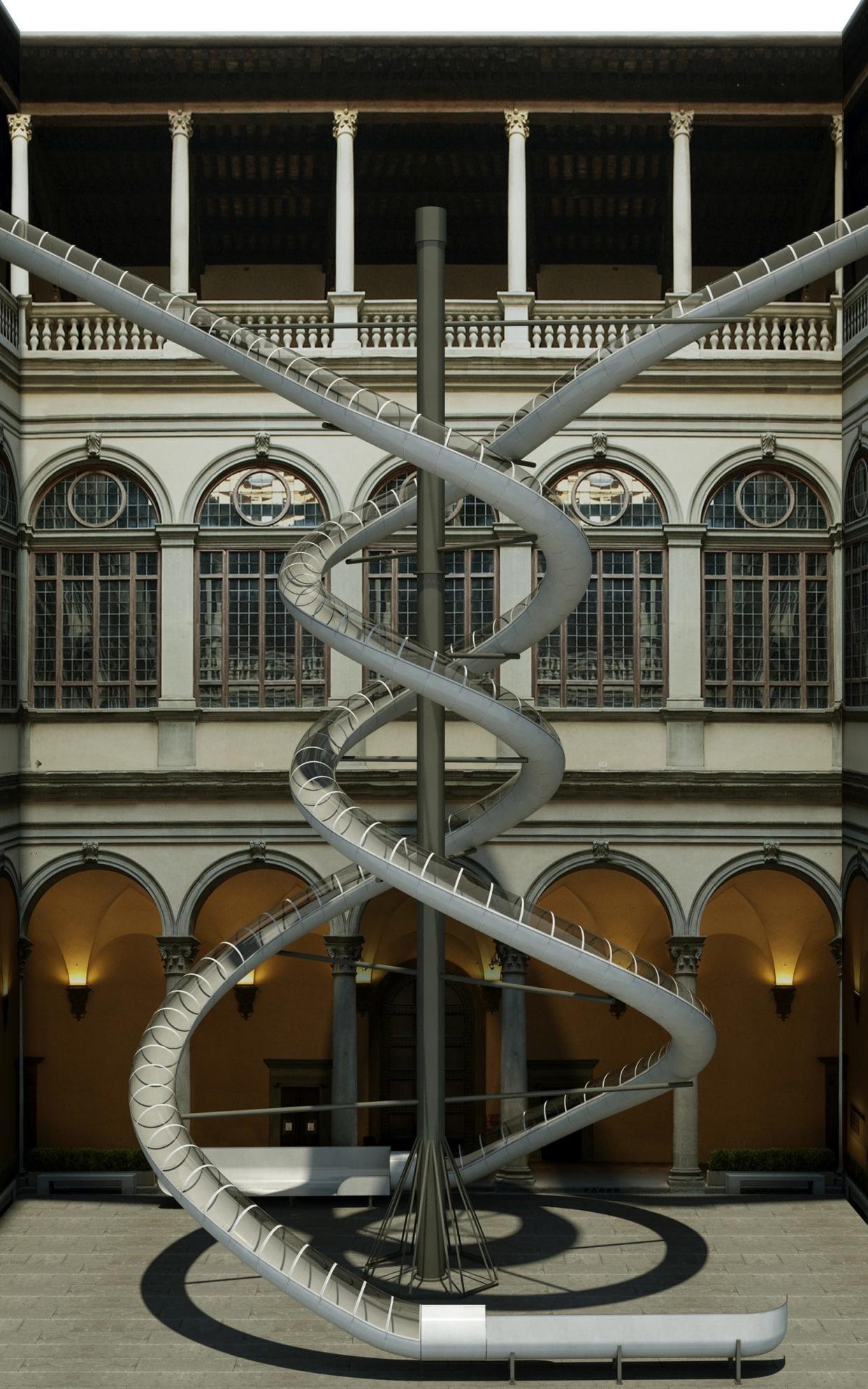 From April 19 to August 26, Palazzo Strozzi's courtyard will be dominated by a giant 65ft-high tubular slide by artist Carsten Höller