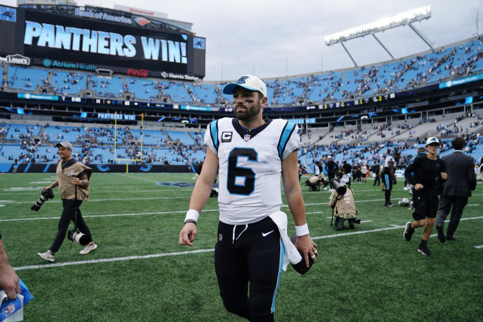 Carolina Panthers quarterback Baker Mayfield (6) walks off the field after an NFL football game against the New Orleans Saints, Sunday, Sept. 25, 2022, in Charlotte, N.C. (AP Photo/Jacob Kupferman)