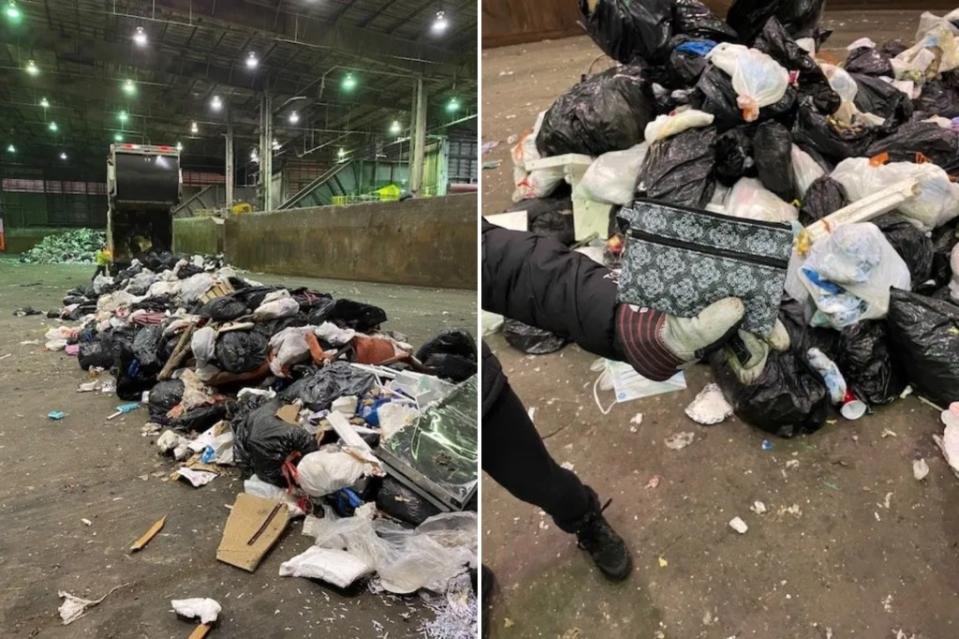 A Stated Island woman named Jill last week was able to recover her thrown-away wallet (right) after sifting through all the trash (left) collected by her neighborhood’s truck