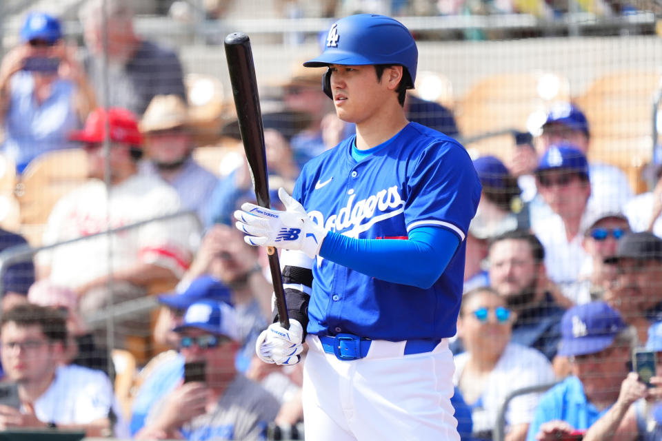 GLENDALE, ARIZONA - FEBRUARY 27: Shohei Ohtani #17 of the Los Angeles Dodgers looks on during a game against the Chicago White Sox at Camelback Ranch on February 27, 2024 in Glendale, Arizona. (Photo by Masterpress/Getty Images)