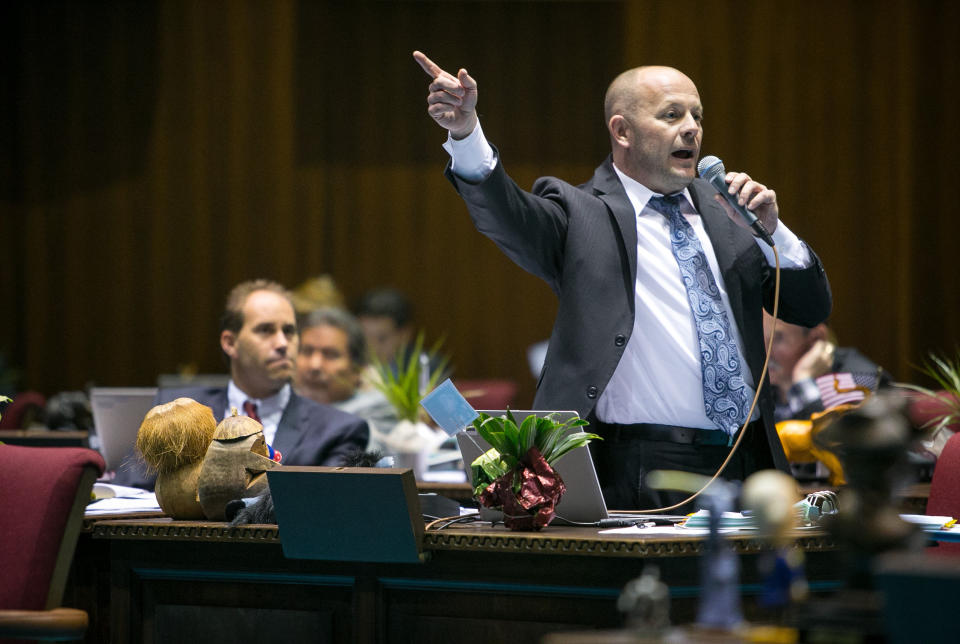 House Minority Leader Chad Campbell, (D) Phoenix, argues that House Bill 2153 would discriminate against gays and others on the House Floor in Phoenix on Thursday, Feb. 20, 2014. House Bill 2153, written by the conservative advocacty group Center for Arizona Policy and the Christian legal organization Alliance Defending Freedom, would allow individuals to use religious beliefs as a defense in a lawsuit filed by another individual. (AP Photo / The Arizona Republic, Michael Schennum)