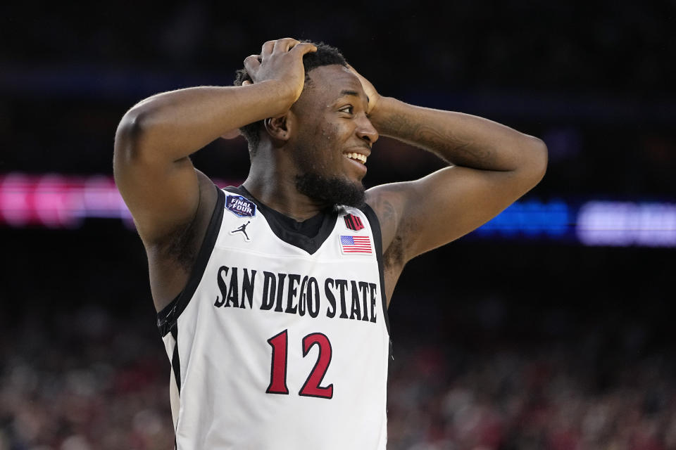 San Diego State guard Darrion Trammell celebrates after their win against Florida Atlantic in a Final Four college basketball game in the NCAA Tournament on Saturday, April 1, 2023, in Houston. (AP Photo/David J. Phillip)