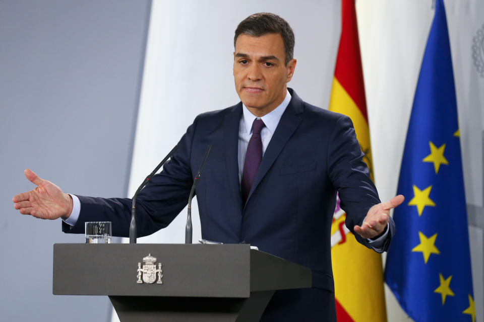 Spain's Prime Minister Pedro Sanchez delivers a statement at the Moncloa Palace in Madrid, Spain, Friday, Feb. 15, 2019. Sanchez has called early general elections for late April, the third such ballot in less than four years. (AP Photo/Andrea Comas)