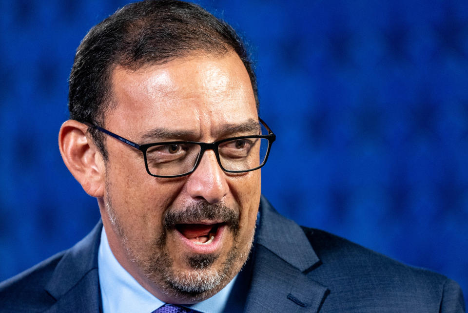 Adrian Fontes, Democratic candidate for secretary of state, attends a debate sponsored by the Arizona Clean Elections Commission at the Arizona PBS studios at the Walter Cronkite School of Journalism and Mass Communication at Arizona State University in Phoenix on September 22, 2022.