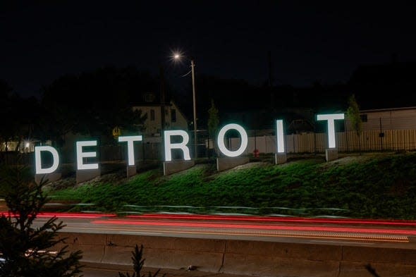 On Tuesday, April 16, DTE installed LED lights into the new "Detroit" sign on the side of eastbound I-94 so that the letters now glow after dark.
