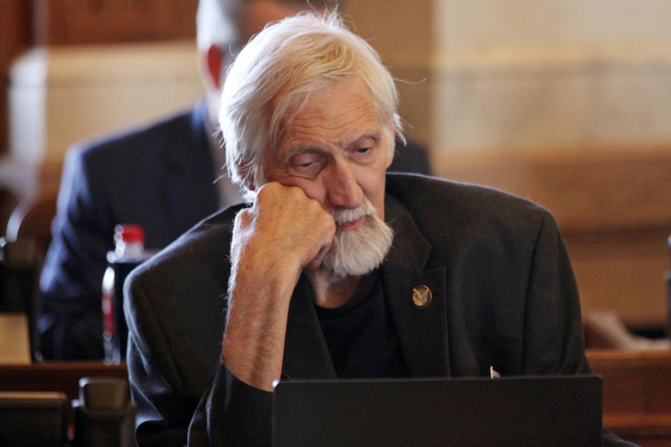 Kansas state Rep. Boog Highberger, D-Lawrence, ponders the House's support for a proposed ban on gender-affirming care for transgender minors after urging his colleagues to vote against it, Wednesday, March 27, 2024, at the Statehouse in Topeka, Kan. Lawrence is home to the main University of Kansas campus, where students are pushing the college to add transgender rights language to their policies. (AP Photo/John Hanna)