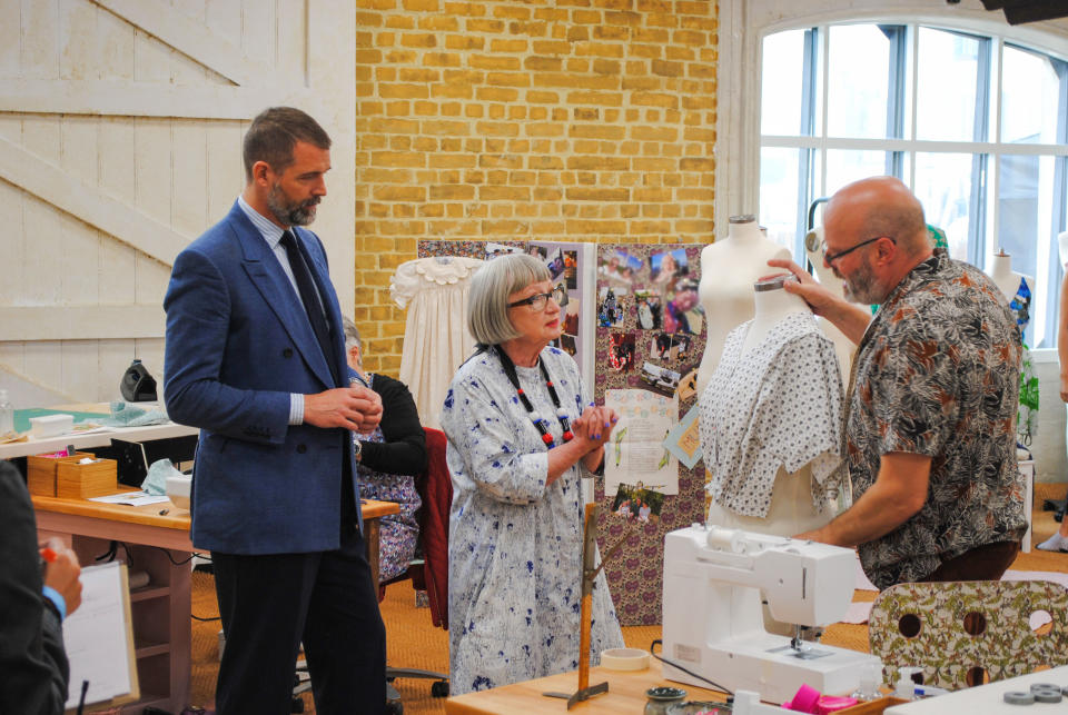 Sewing Bee's Patrick Grant and Esme Young with contestant Andrew. (BBC/Love Productions)