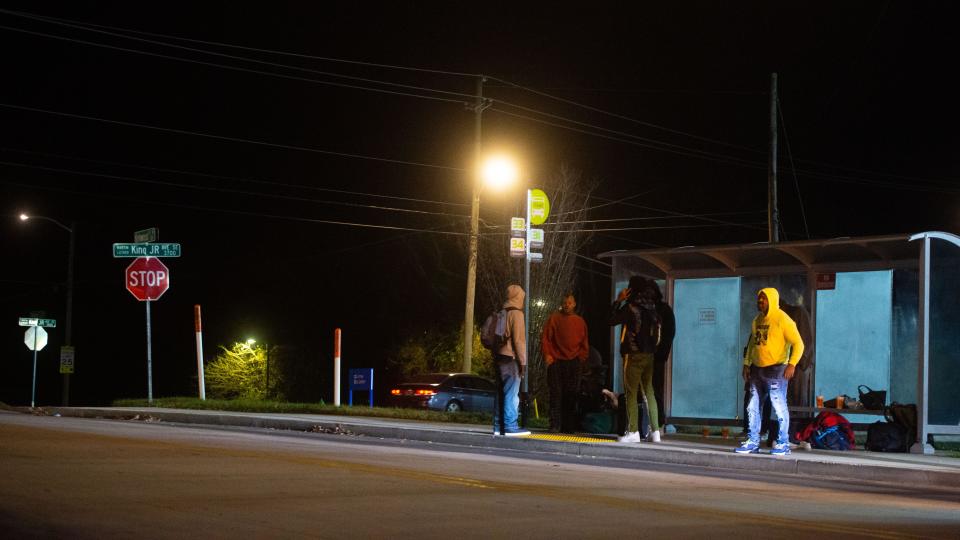 Passengers wait for their Greyhound bus at the KAT East Superstop on 100 Kirkwood St. on Tuesday, Nov. 22, 2022. 