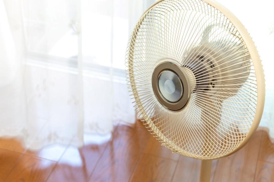 Fan in front of open door