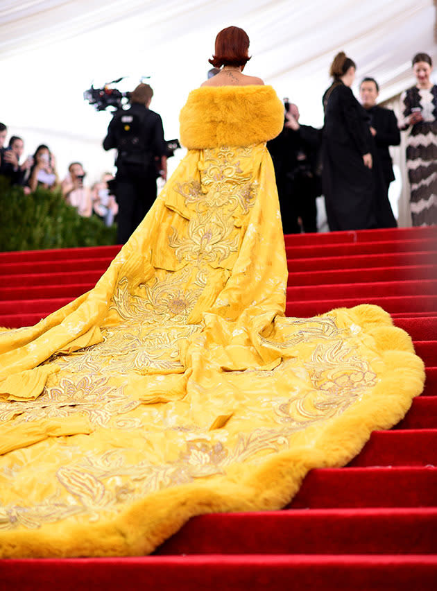 Rihanna yellow MET Ball cape dress 2015