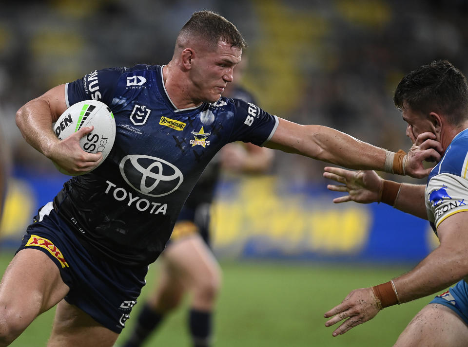 Tom Gilbert, pictured here in action for the Cowboys against the Gold Coast Titans.