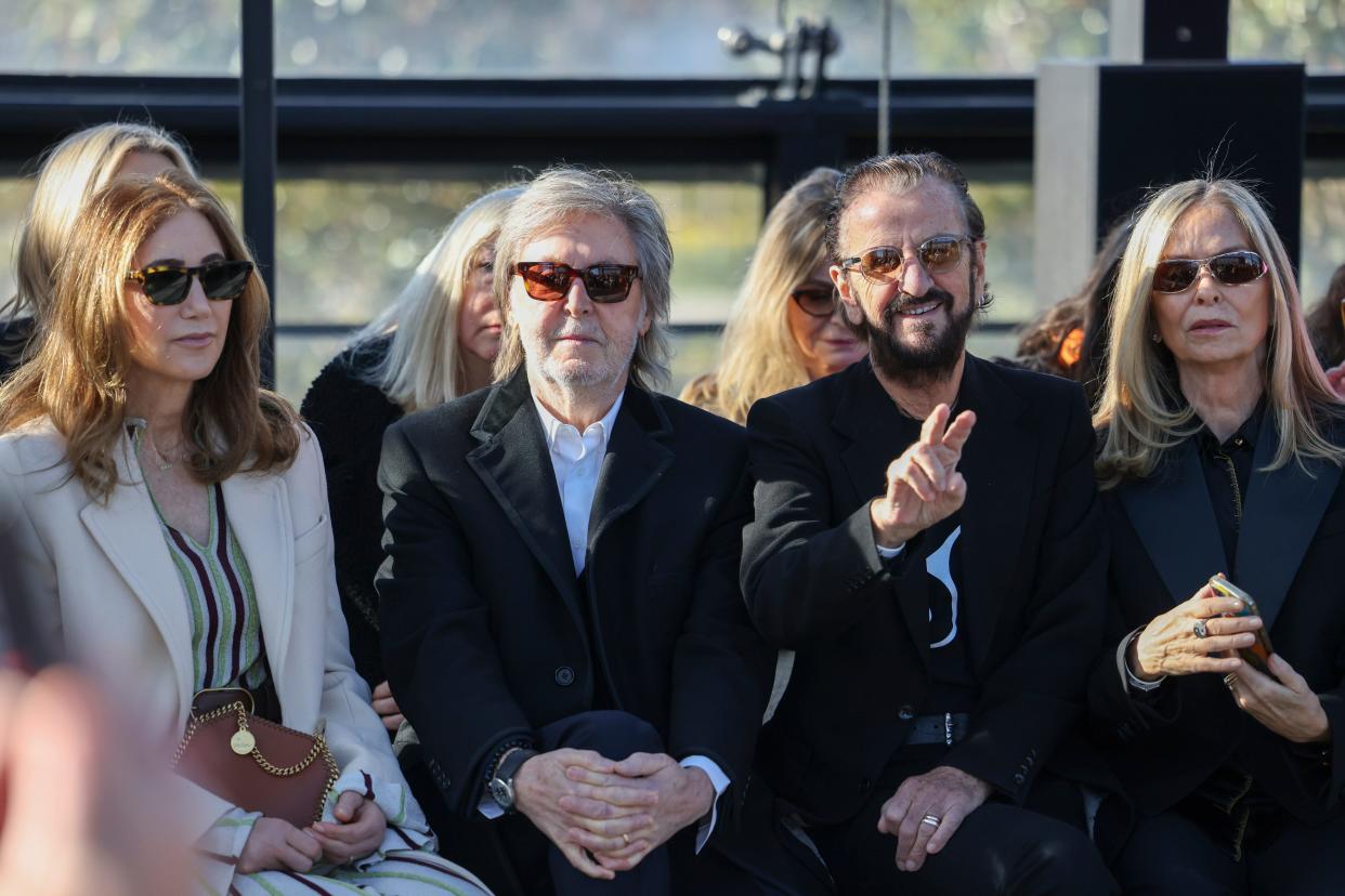 From left, Nancy Shevell, Paul McCartney, Ringo Starr and Barbara Bach attend the Stella McCartney fashion show at Paris Fashion Week on March 4, 2024.