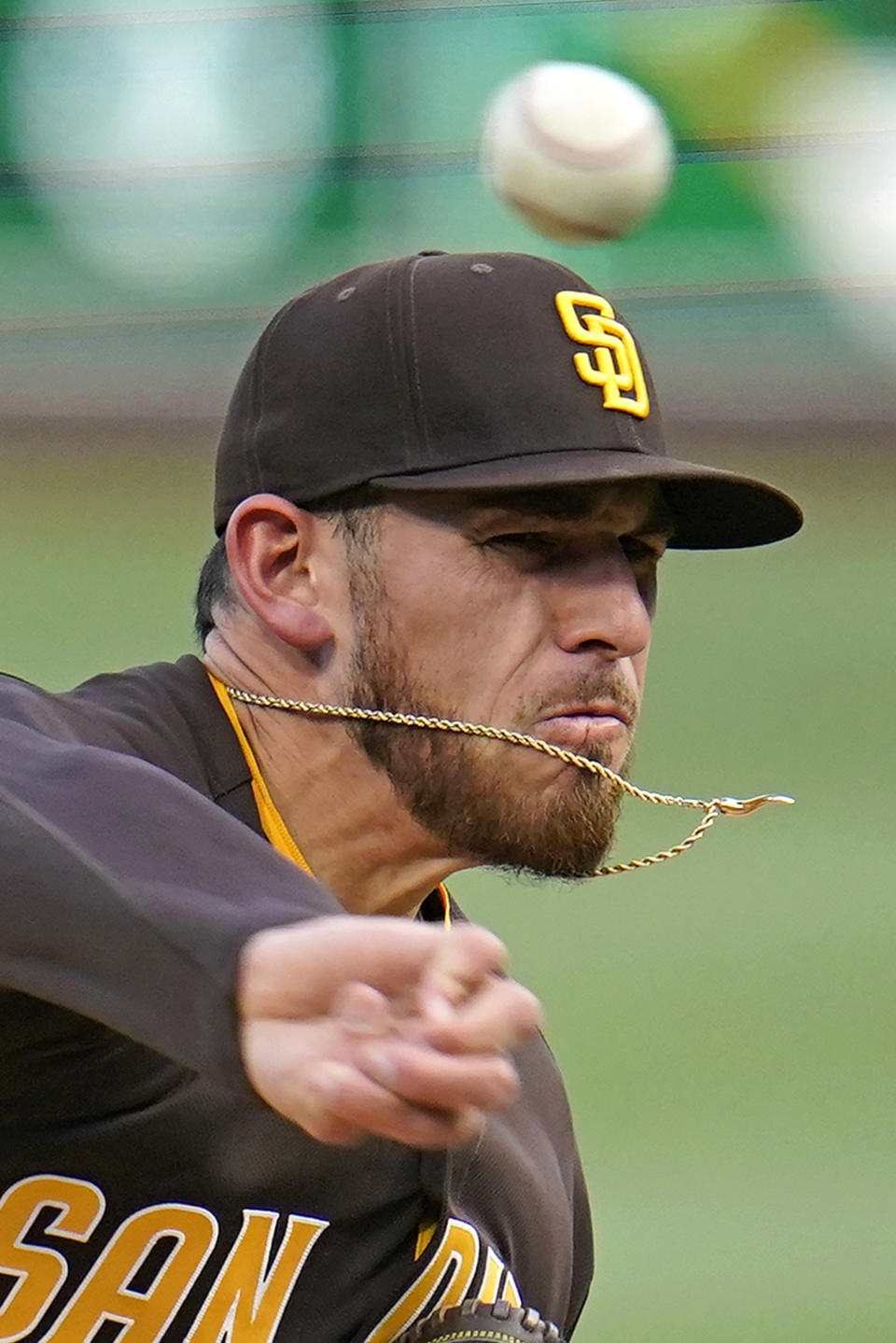 San Diego Padres starting pitcher Joe Musgrove delivers during the first inning of the team's baseball game against the Pittsburgh Pirates in Pittsburgh, Wednesday, April 14, 2021. (AP Photo/Gene J. Puskar)