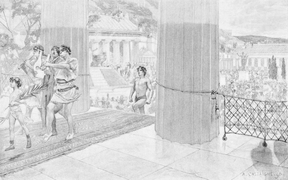 ANCIENT OLYMPIC GAMES; A VICTOR IN THE OLYMPIC GAMES ENTERING THE TEMPLE OF ZEUS. ENGRAVING, DRAWN BY A.CASTAIGNE.