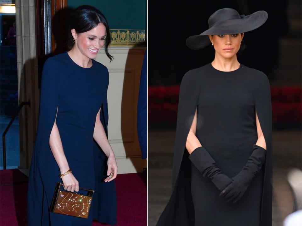 A side-by-side of Meghan Markle in navy and black versions of the same dress.