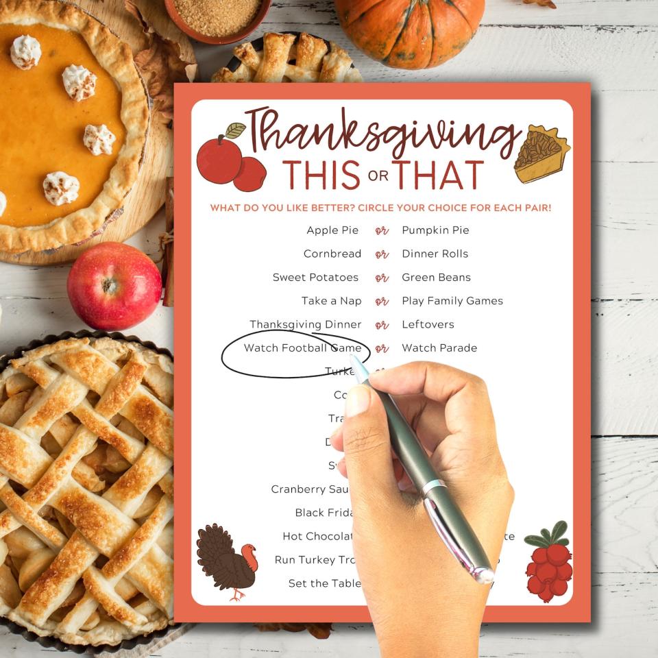 <p><a href="https://go.redirectingat.com?id=74968X1596630&url=https%3A%2F%2Fwww.etsy.com%2Flisting%2F1320153112%2Fthanksgiving-this-or-that-game&sref=https%3A%2F%2Fwww.thepioneerwoman.com%2Fholidays-celebrations%2Fg32449758%2Fthanksgiving-games%2F" rel="nofollow noopener" target="_blank" data-ylk="slk:Shop Now;elm:context_link;itc:0;sec:content-canvas" class="link ">Shop Now</a></p><p>Thanksgiving This or That Game </p><p>etsy.com</p><p>$3.00</p><span class="copyright">Etsy</span>