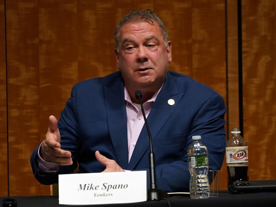 Yonkers Mayor Mike Spano offers comments on development during a Westchester Mayors Roundtable hosted by Building Owners and Managers Association (BOMA) in White Plains on March 14, 2024.