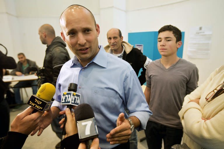 Naftali Bennett, head of the Israeli hardline national religious party Jewish Home, speaks to the media after voting in a polling station in Raanana, central Israel, on January 22, 2013