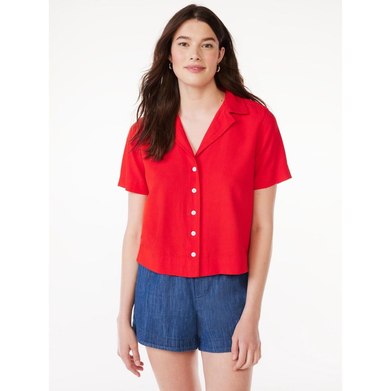 <p><a href="https://go.redirectingat.com?id=74968X1596630&url=https%3A%2F%2Fwww.walmart.com%2Fip%2FFree-Assembly-Women-s-Short-Sleeve-Camp-Shirt-Sizes-XS-XXXL%2F2361772447%3FvariantFieldId%3Dactual_color&sref=https%3A%2F%2F" rel="nofollow noopener" target="_blank" data-ylk="slk:Shop Now;elm:context_link;itc:0;sec:content-canvas" class="link rapid-noclick-resp">Shop Now</a></p><p>Free Assembly Short-Sleeve Shirt</p><p>$8.65</p>