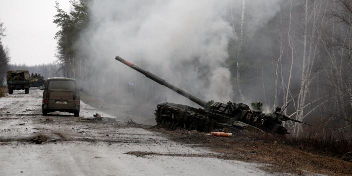 Smoke rising from a Russian tank