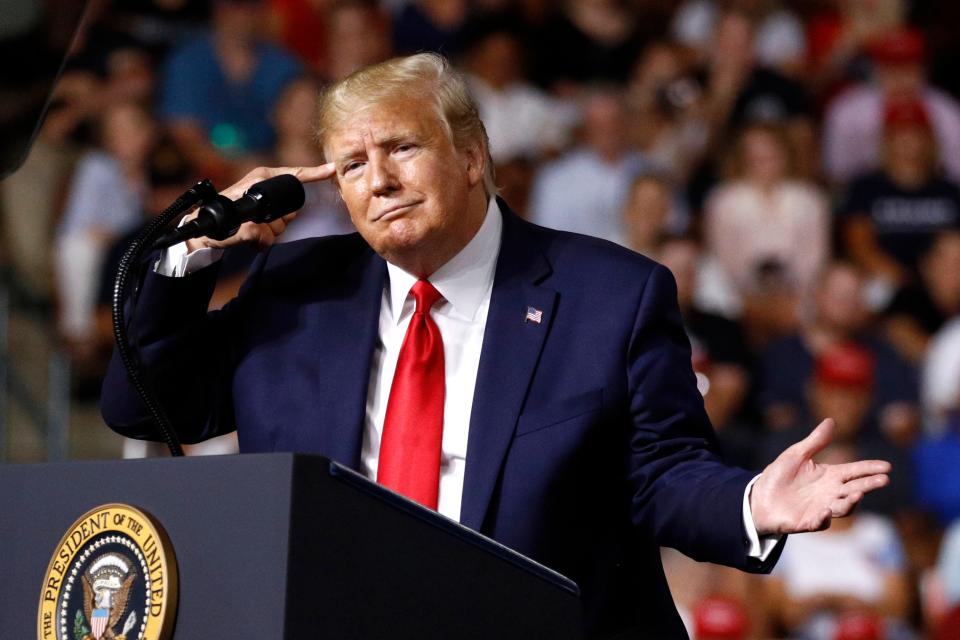 President Donald Trump speaks at a campaign rally, Thursday, Aug. 15, 2019, in Manchester, N.H. (AP Photo/Patrick Semansky) ORG XMIT: OTK