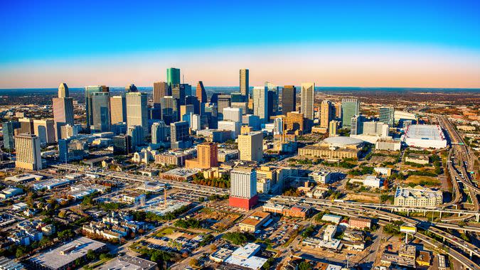 The downtown skyline and surrounding metropolitan area of Houston, Texas shot from an altitude of about 1500 feet during a helicopter photo flight.