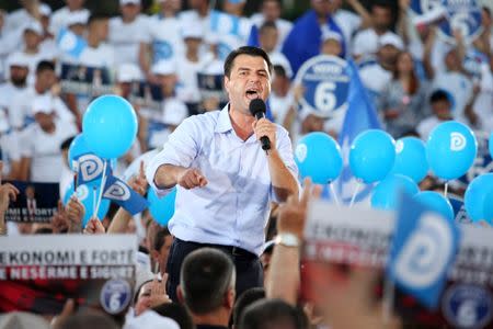 The leader of the Democratic Party of Albania Lulzim Basha delivers a speech during a pre-election rally in Tirana, Albania June 23, 2017. REUTERS/Florion Goga