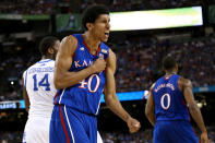 Kevin Young #40 of the Kansas Jayhawks reacts in the first half while taking on the Kentucky Wildcats in the National Championship Game of the 2012 NCAA Division I Men's Basketball Tournament at the Mercedes-Benz Superdome on April 2, 2012 in New Orleans, Louisiana. (Photo by Ronald Martinez/Getty Images)