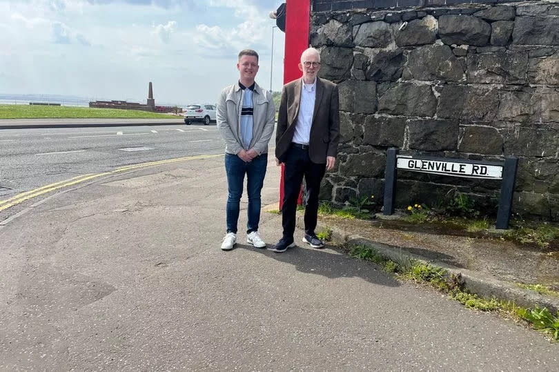 Sinn Féin councillor Taylor McGrann and Alliance MLA Stewart Dickson at the junction of Glenville Road and Shore Road in Whiteabbey