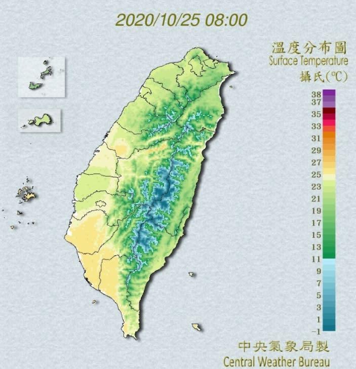 今天東北季風減弱、水氣少，各地大多為多雲到晴的天氣。（圖／中央氣象局）