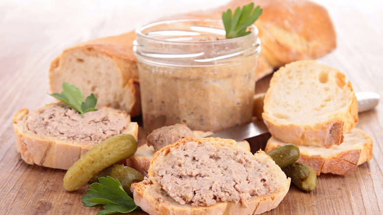 bread and pate on a platter