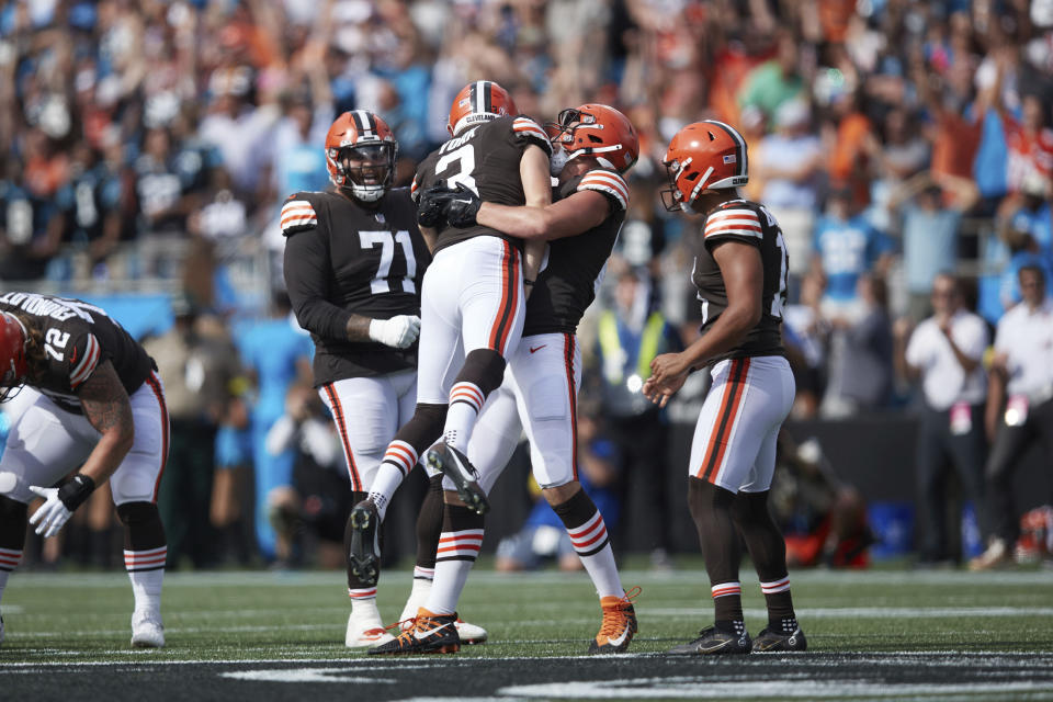 Cleveland Browns place kicker Cade York (3) is congratulated by his teammates after kicking a game winning 58-yard field goal during an NFL football game against the Carolina Panthers, Sunday, Sep. 11, 2022, in Charlotte, N.C. (AP Photo/Brian Westerholt)