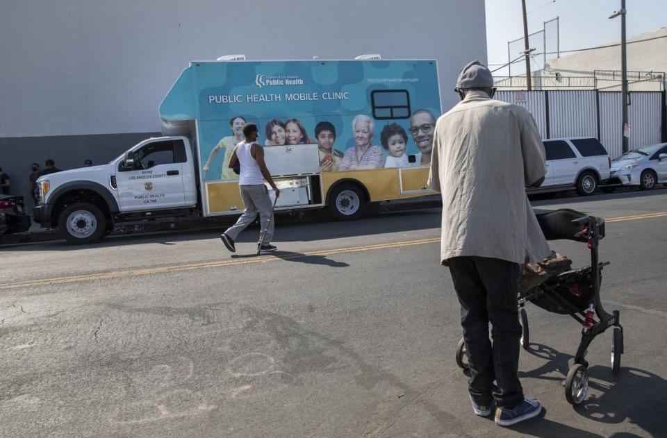 A mobile clinic at 5th Street and Towne Avenue in downtown Los Angeles.