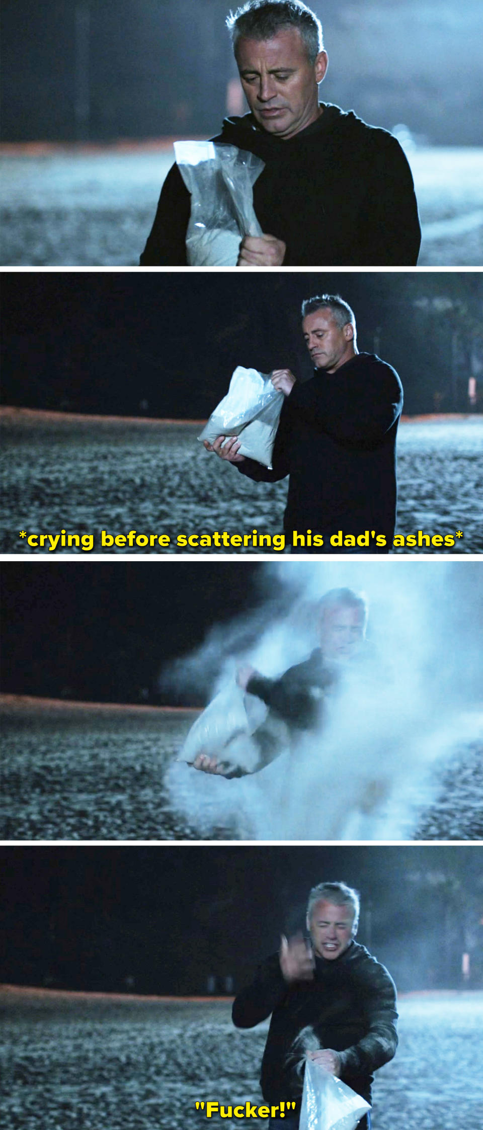 Matt outside at night trying to spread his dad's ashes when the wind blows them in his face instead