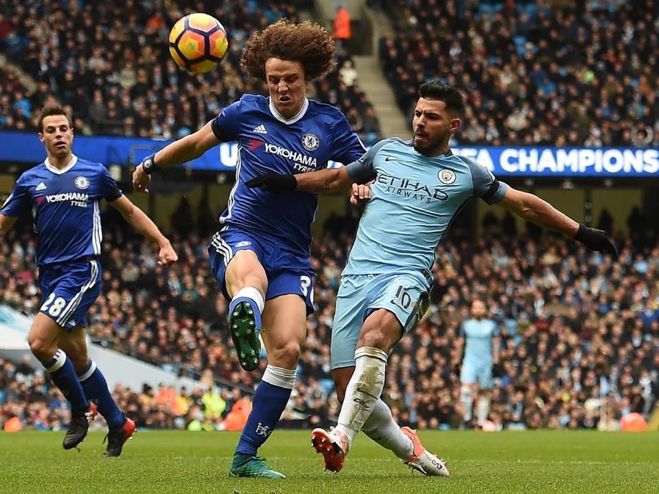 David Luiz was injured by this wild challenge from Sergio Aguero (AFP/Getty Images)