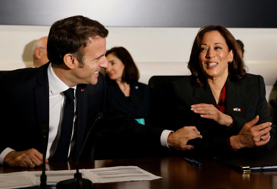 France’s president Emmanuel Macron meets with vice president Kamala Harris at the National Aeronautics and Space Administration (Nasa) headquarters, to highlight space cooperation between France and the US, in Washington, DC, 30 November 2022 (AFP via Getty Images)