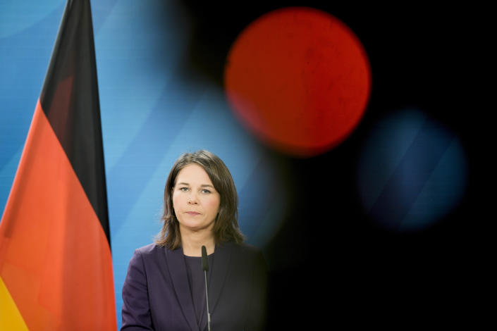 German Foreign Minister Annalena Baerbock attends a news conference with her Israeli counterpart Eli Cohen after a meeting at the foreign ministry in Berlin, Germany, Tuesday, Feb. 28, 2023. (AP Photo/Markus Schreiber)