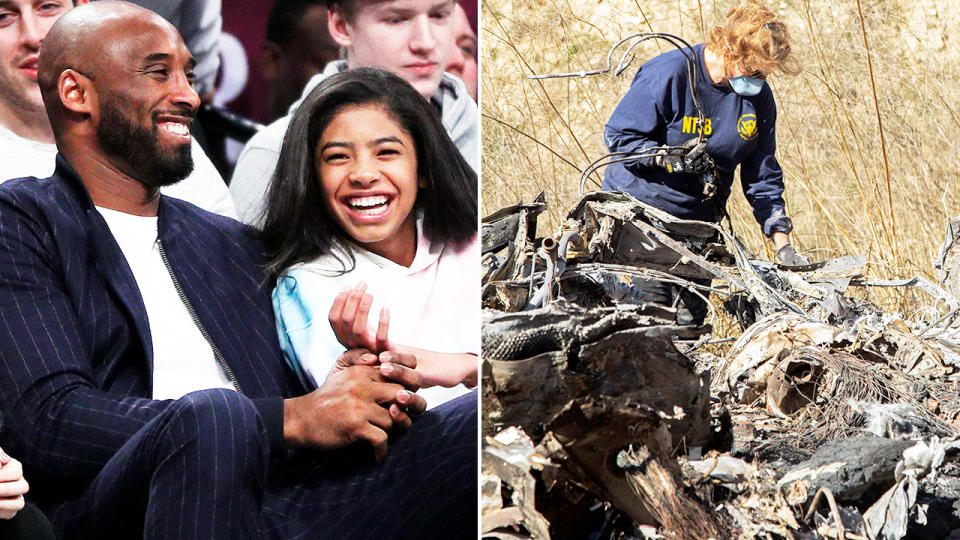 Investigators, pictured here sifting through the wreckage of a helicopter crash that killed Kobe and Gianna Bryant.