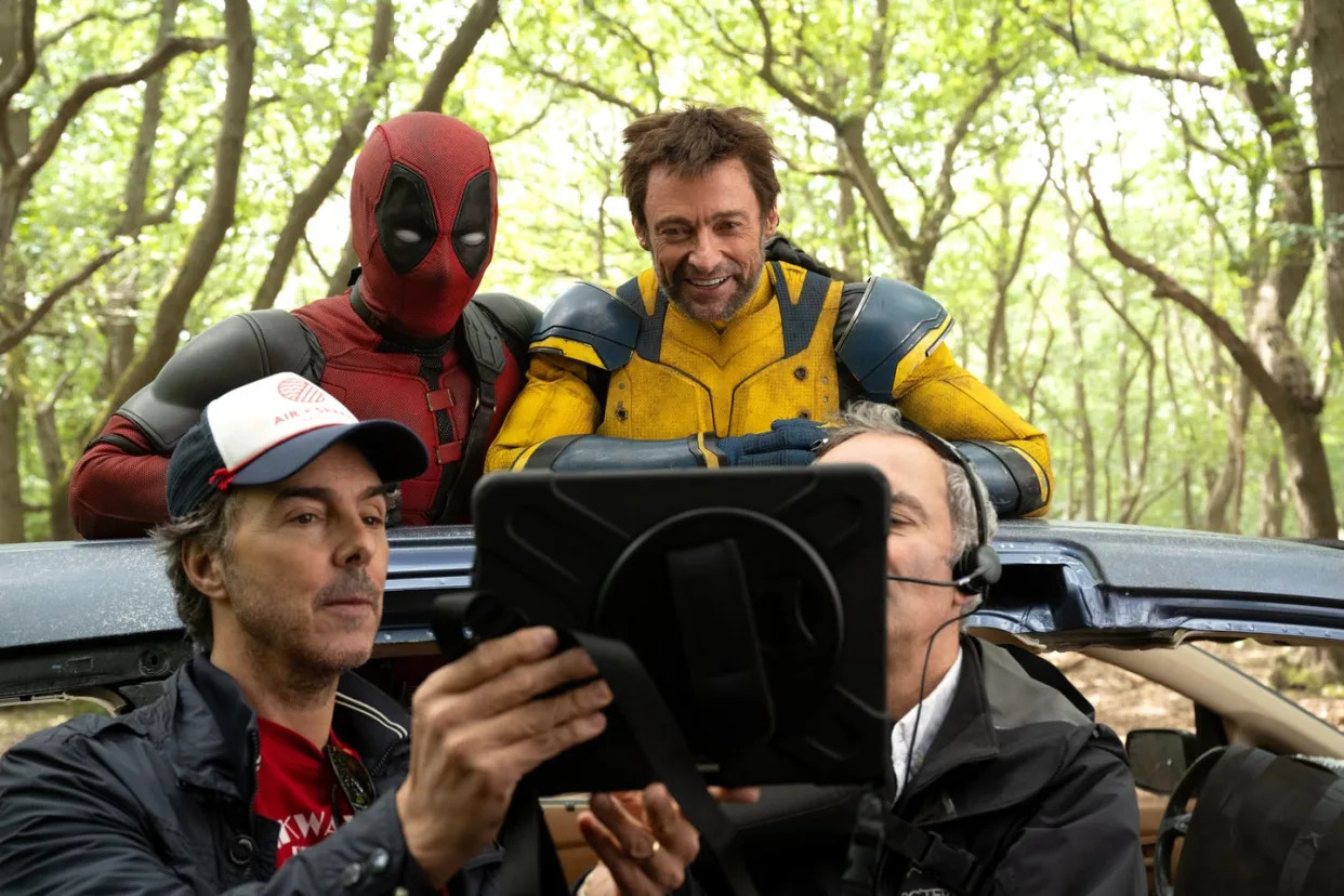 l r director shawn levy, ryan reynolds, and hugh jackman on the set of marvel studios' deadpool wolverine photo by jay maidment © 2024 20th century studios © and ™ 2024 marvel