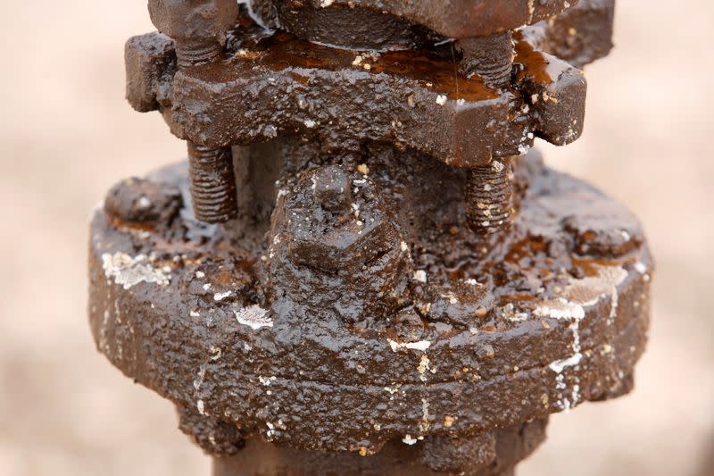 FILE PHOTO: Crude oil and grease is seen caked on a pump jack in the Permian Basin in Loving County