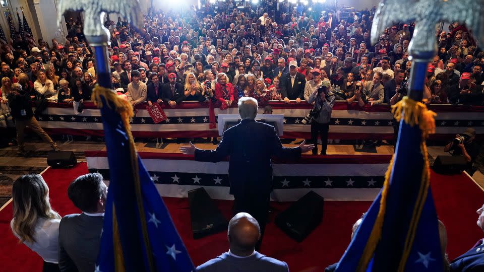 Former President Donald Donald Trump speaks in Nashua, New Hampshire, after he was projected to win the state's Republican primary on January 23, 2024. - Jabin Botsford/The Washington Post/Getty Images