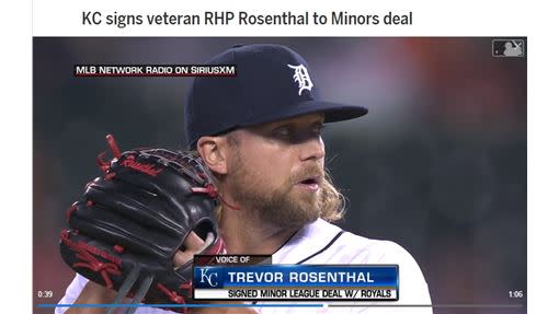 前紅雀終結者羅森索（Trevor Rosenthal）小聯盟約投靠皇家。（圖／翻攝自MLB官網）