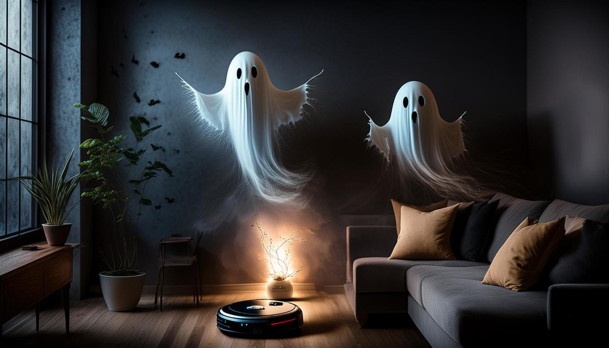  Robot vacuum with ghosts hovering above in a dark living room. 